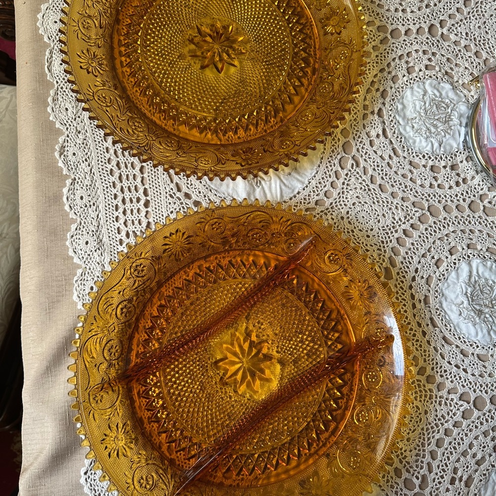 Vintage Tiara Co Amber Glass Plate with Floral Design